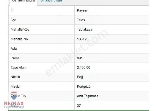 Talas Tablakaya Satılık Villa İmarlı TABLAKAYADA YATIRIMLIK MANZARALI VİLLA PARSELİ