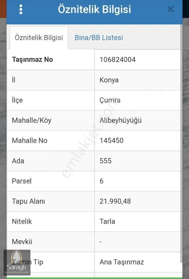 Çumra Alibeyhüyüğü Satılık Tarla Saraylı'dan Çumra Alibeyhüyüğü Satılık 21.990 M2 Tarla