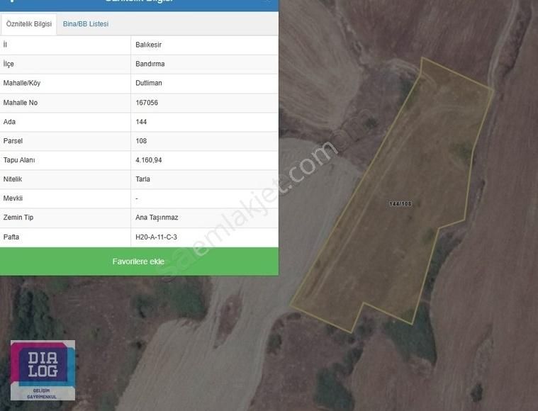 Bandırma Dutliman Satılık Tarla Dialog Gelişimden Bandırma Dutlimanı yatırımlık