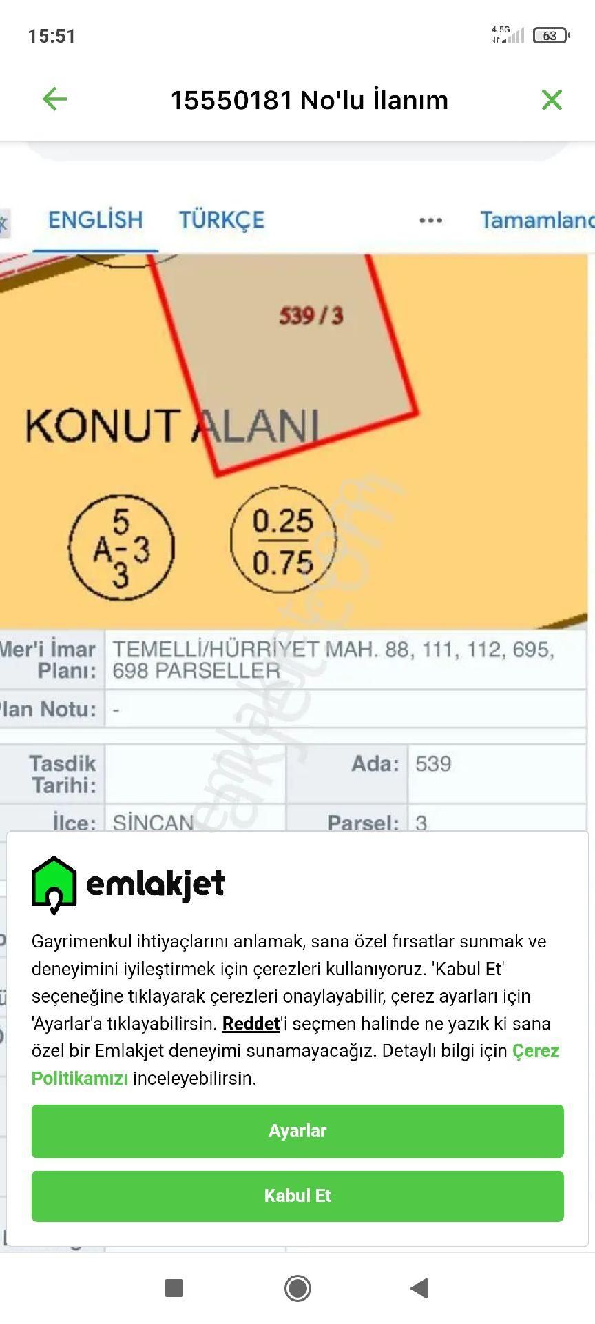 Sincan Hürriyet Satılık Tarla Satılık Arsa İmarlı