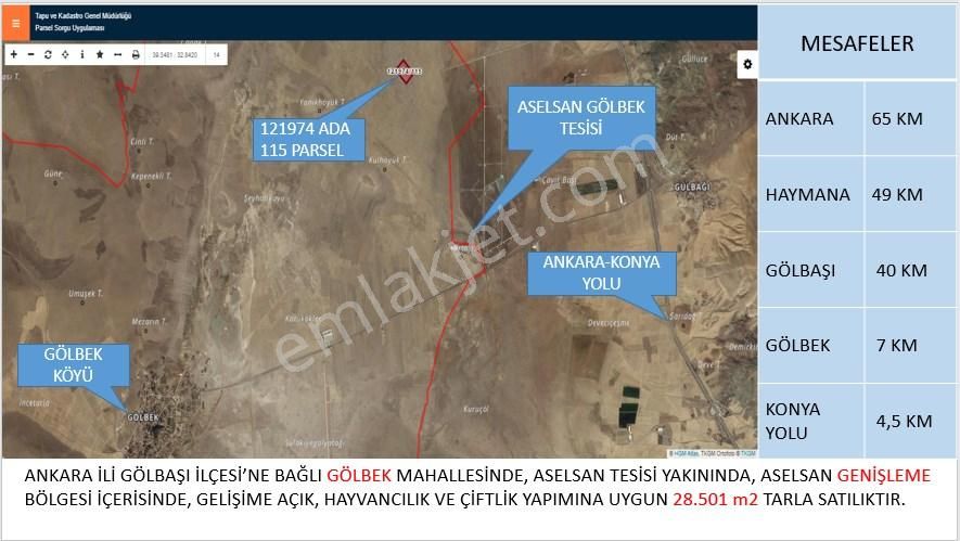 Gölbaşı Gölbek Satılık Tarla ANKARA GÖLBAŞI GÖLBEK'DE 28.500 m2 SATILIK TARLA