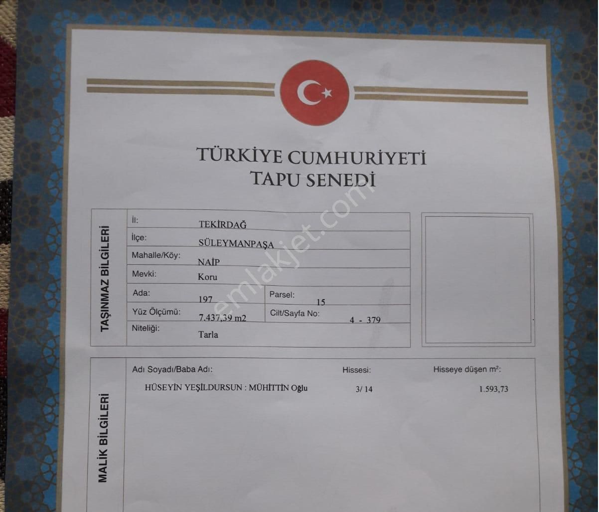 Tekirdag Süleymanpaşa Naimdeki Hissem Satılıktır.