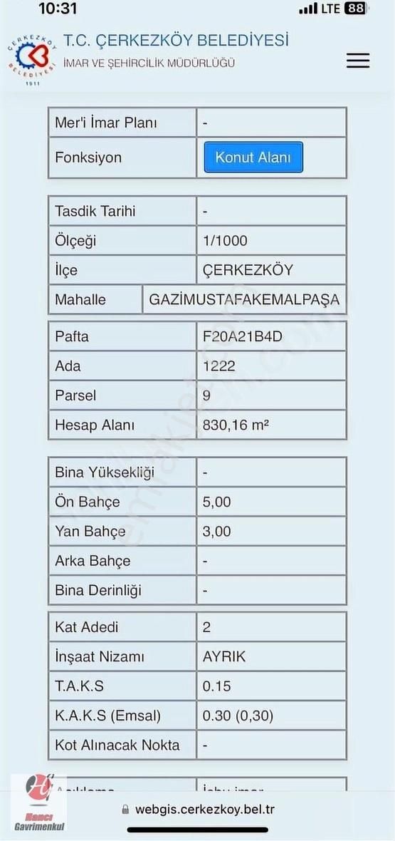 Çerkezköy Fatih Satılık Villa İmarlı Ambardere De Araç Takasına Açık Satılık Villa Arsası