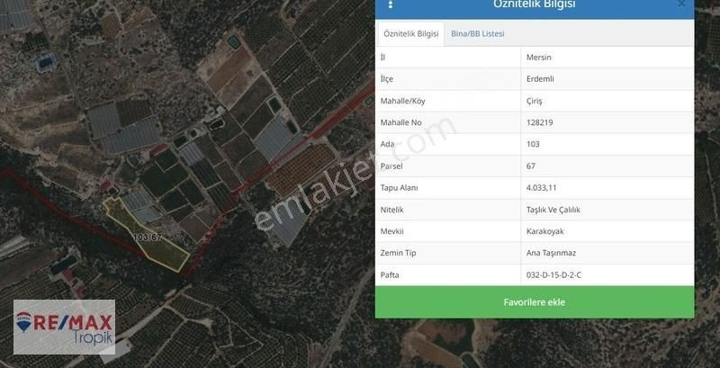 Erdemli Çiriş Satılık Tarla REMAX TROPİK'TEN SATILIK VİLLALIK ARSA