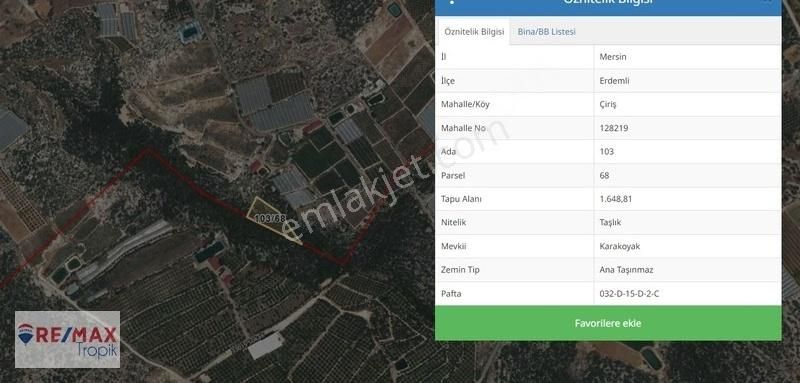 Erdemli Çiriş Satılık Tarla REMAX TROPİK'TEN SATILIK ÇİRİŞ'TE VİLLALIK ARSA