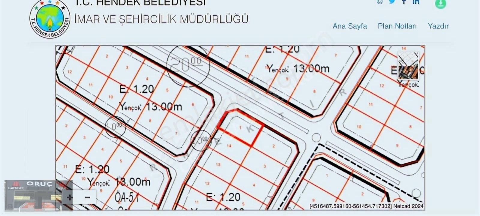 Hendek Yeni Satılık Konut İmarlı Oruç Gayrimenkulden Yeni Mah De Ana Cadde Cepheli Köşe Parsel