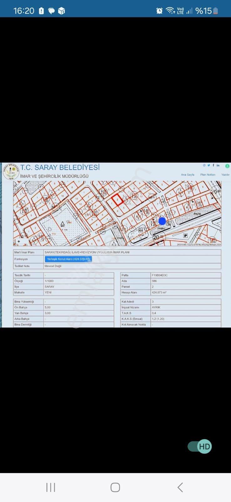 Saray Yeni Satılık Konut İmarlı %40 imarlı 400m2 arsa