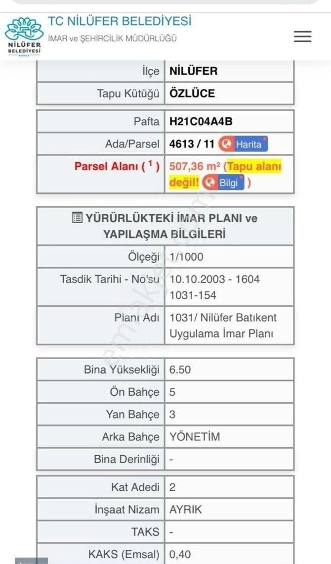 Bursa Nilüfer Satılık Ticari İmarlı ARSLAN EMLAK'TAN NİLÜFER ÖZLÜCE MAH. 507M2, SATILIK ARSA