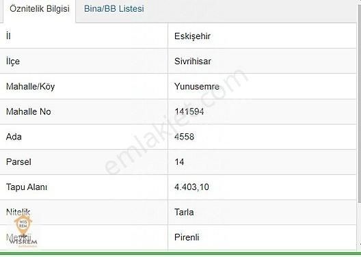 Sivrihisar Yunusemre Satılık Tarla SİVRİHİSAR PİRENLİ MEVKİİ SANAYİ YANI 4400 M2 SATILIK TEK TAPU