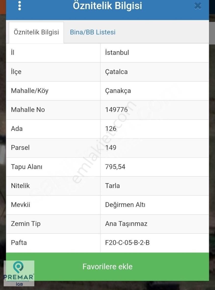 Çatalca Çanakça Satılık Tarla Çanakça Mahallesi Müstakil Tapu 800 M² Köy İçerisinde