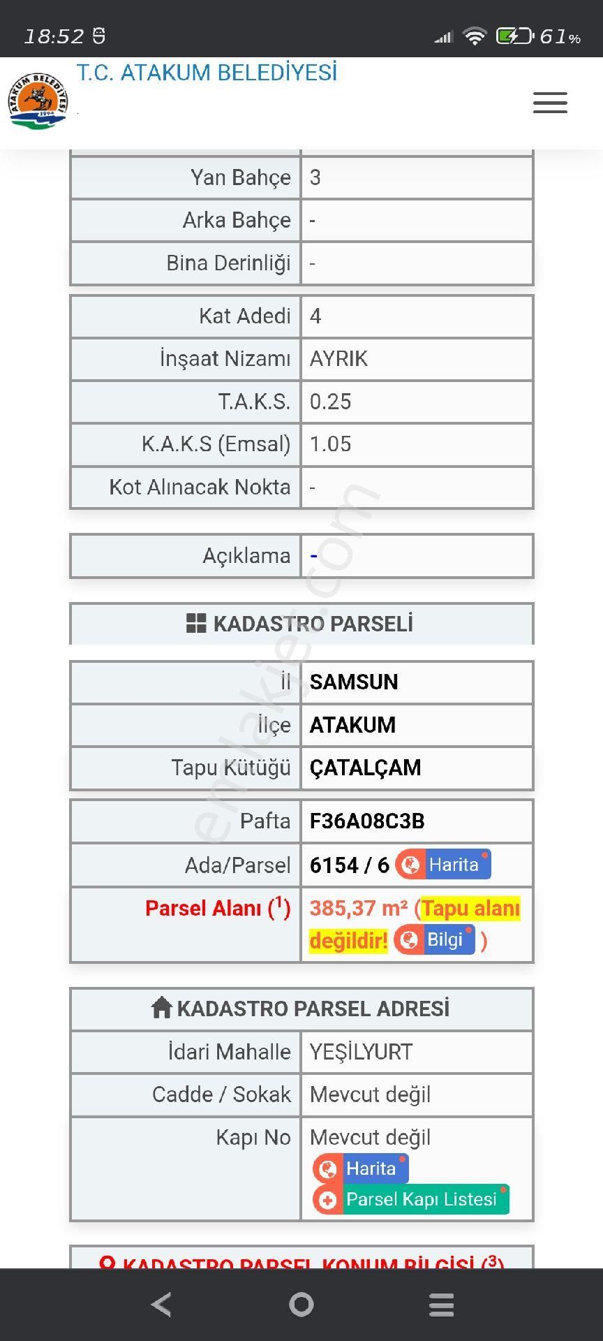 Atakum Yeşilyurt Satılık Konut İmarlı Atakum Çatalçam Yeşilyurt Mevkii