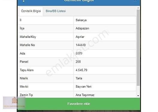 Adapazarı Aşırlar Satılık Tarla Hür Gayrimenkul''den Güzel Konumda 4'545 M2