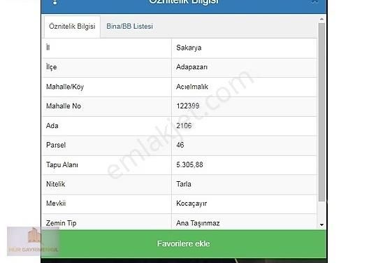 Adapazarı Acıelmalık Satılık Tarla Hür Gayrimenkul Acıelmalık Mah Yatırıma Uygun 5,305 M2 Tarla