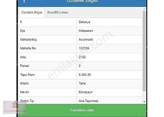 Adapazarı Acıelmalık Satılık Tarla Hür Gayrimenkul Acıelmalık Mah Yatırıma Uygun 8,484 M2 Tarla