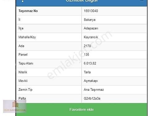 Adapazarı Kayrancık Satılık Tarla Hür Gayrimenkul'den Kayrancık Satılık Tarla 6,013 M2