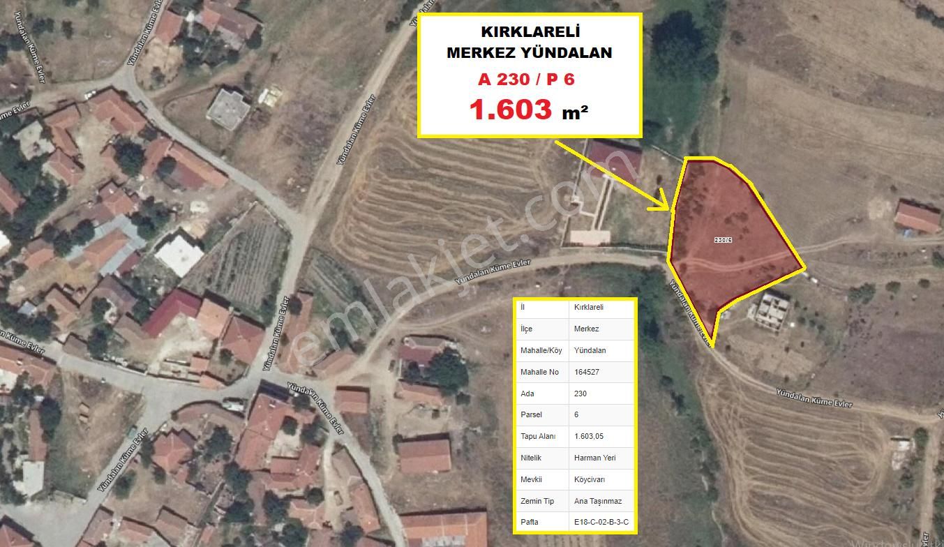 Kırklareli Merkez Yündalan Köyü Satılık Konut İmarlı  Kırklareli Yündalan Köyü Yerleşim Alanı İçerisinde 1.603m2 Arsa