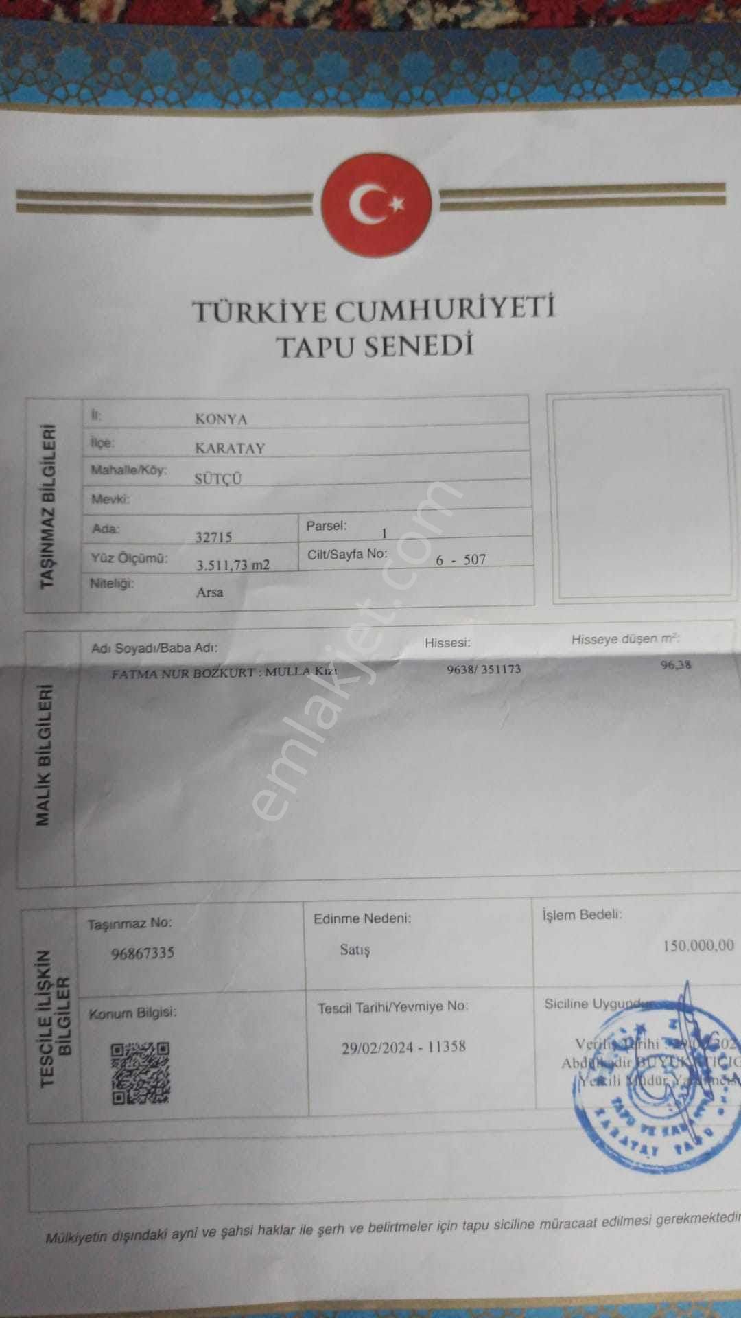 Karatay Çimenlik Satılık Konut İmarlı sedirler satılık arsa