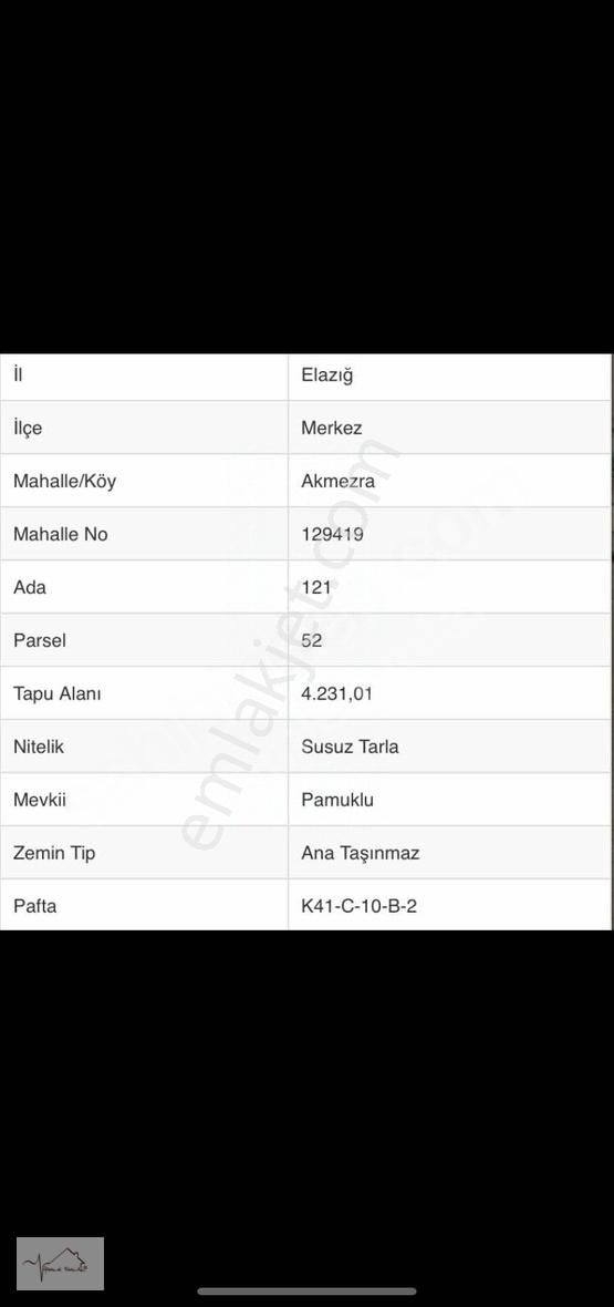 Elazığ Merkez Kavakpınar Köyü Satılık Tarla Hamle'den Poyraz Köyü Karşısında Satılık 4230 M2 Tarla