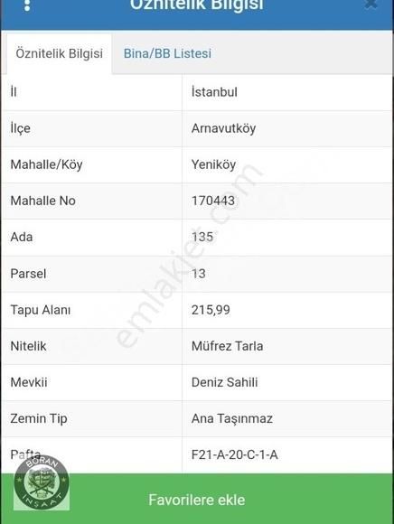 Arnavutköy Yeniköy Satılık Tarla BORAN İNŞAATAN KARABURUNDA 216M2 KELEPİR ARSA