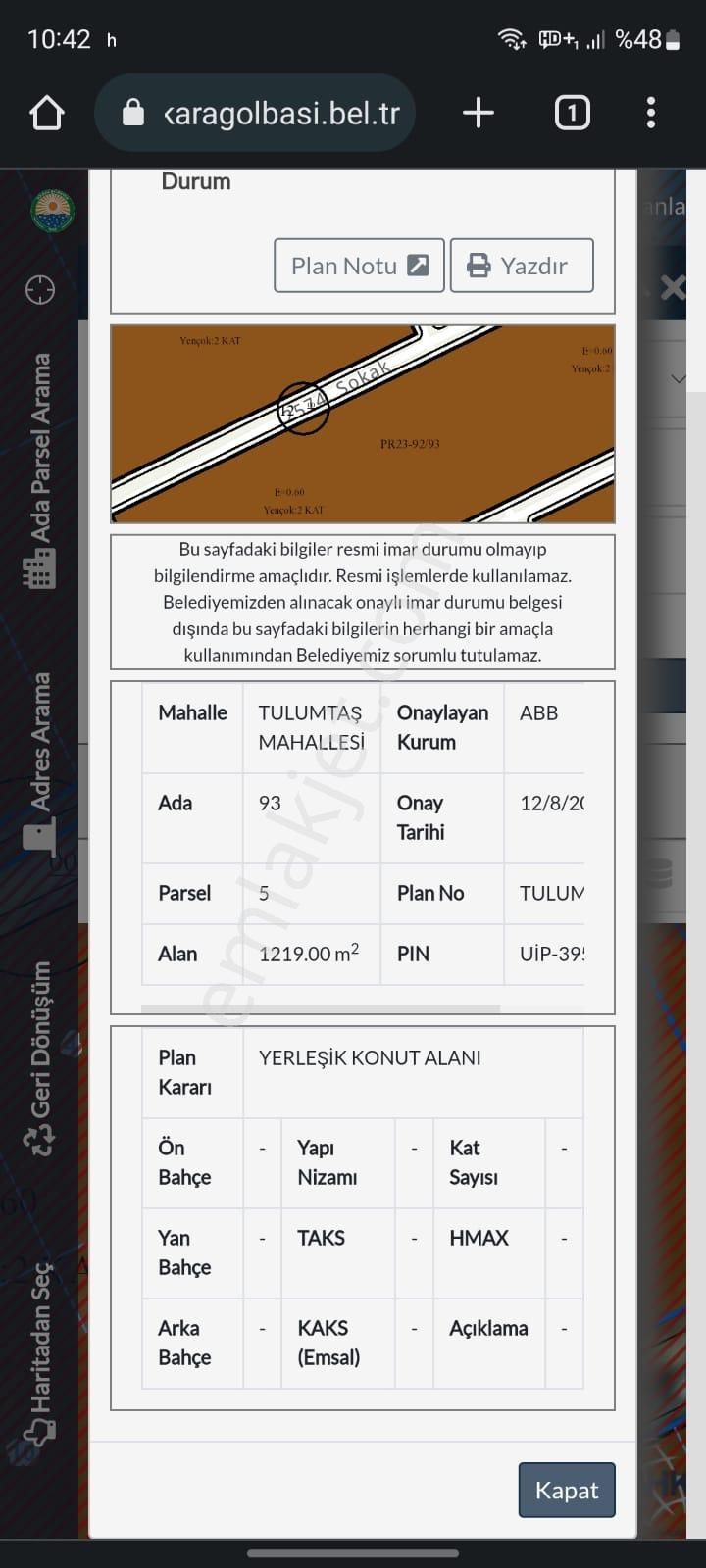 Gölbaşı Tulumtaş Satılık Villa İmarlı Gölbaşı Tulumtaş Merkezde 1219m2 Tek Tapu İmarlı Villa Arsası