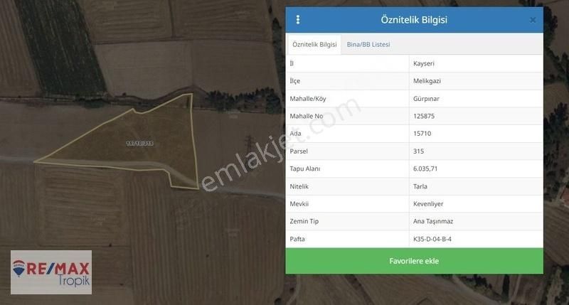 Melikgazi Gürpınar Satılık Tarla REMAX TROPİK'TEN GÜRPINAR'DA SATILIK TARLA