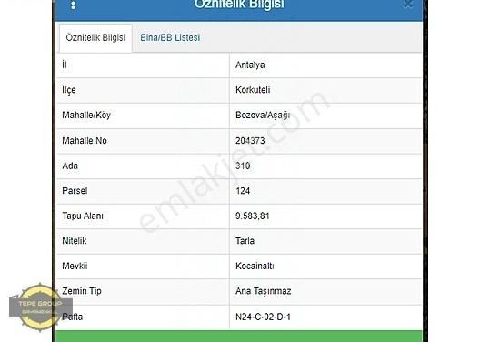 Korkuteli Bozova Satılık Tarla ANTALYA KORKUTELİ BOZOVA AŞAĞIDA 9583 M2 TEK TAPU SATILIK TARLA