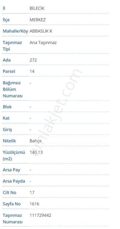 Bilecik Merkez Abbaslık Köyü Satılık Bağ & Bahçe %40 KONUT İMARLI ARSA