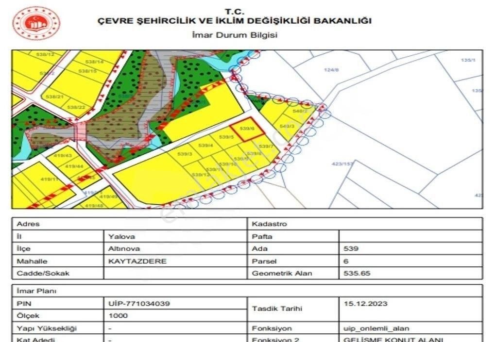 Altınova Kaytazdere Bld. (Merkez) Satılık Konut İmarlı KAYTAZDEREDE 535M² İMARLI ARSA