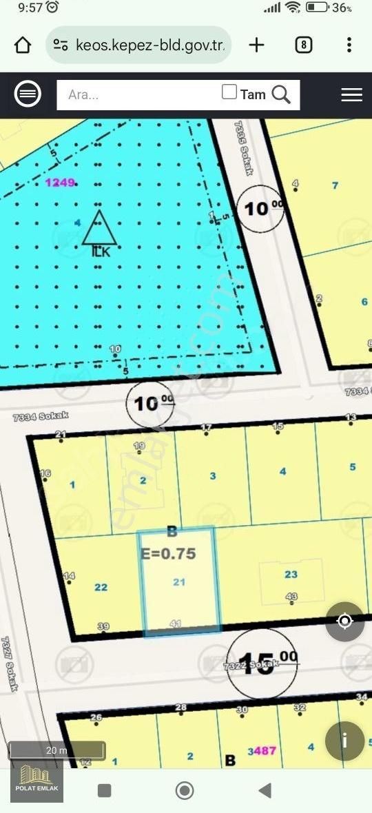 Kepez Şelale Satılık Konut İmarlı ŞELALE MH.5 KATA İMARLI 0.75 EMSAL356m2 SATILIK ARSA*POLAT EMLAK