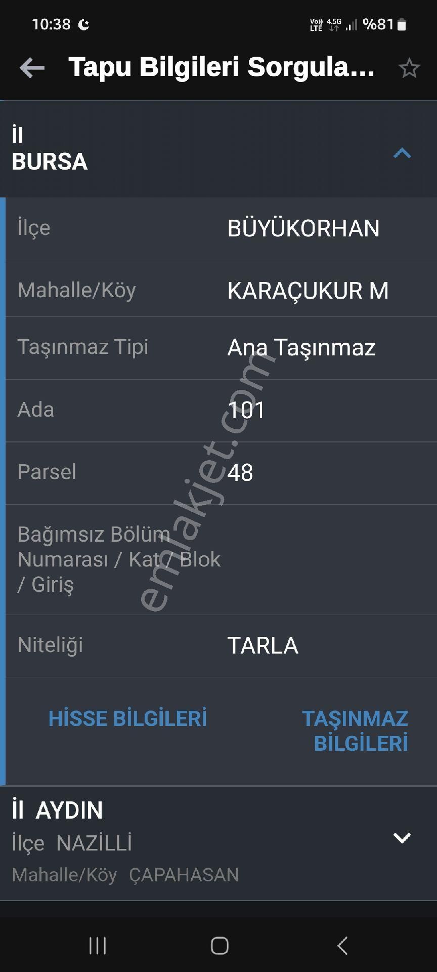 Büyükorhan Karaçukur Satılık Tarla sahibinden satılık yatırımlık tarla