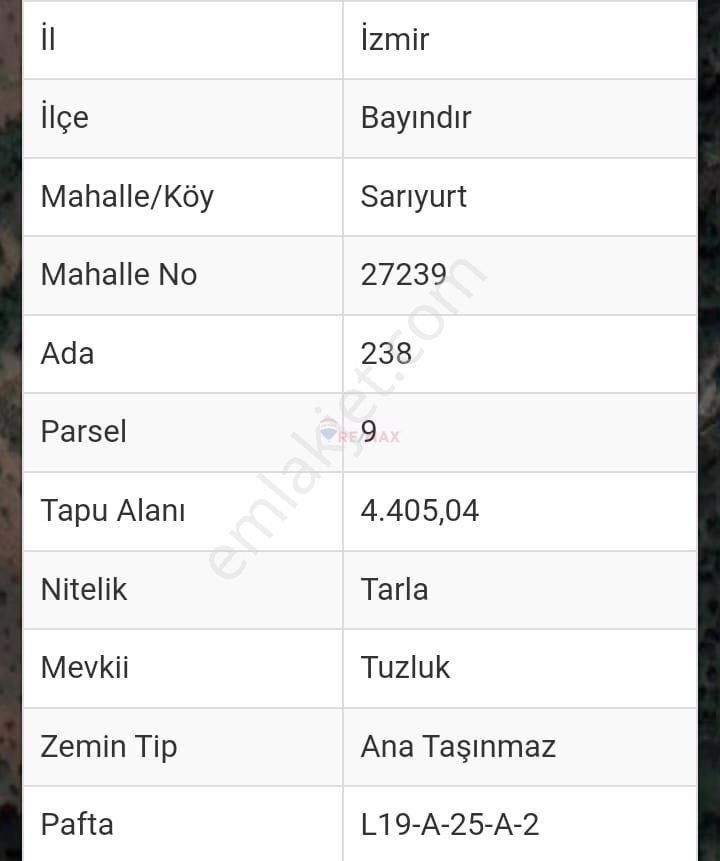 Bayındır Sarıyurt Satılık Tarla İZMİR BAYIRDIR SARIYURT'DA SATILIK 4.405M2 TARLA