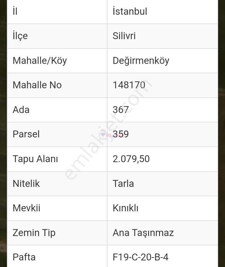 Silivri Değirmenköy Fevzipaşa Satılık Tarla İSTANBUL SİLİVRİDE SATILIK TARLA