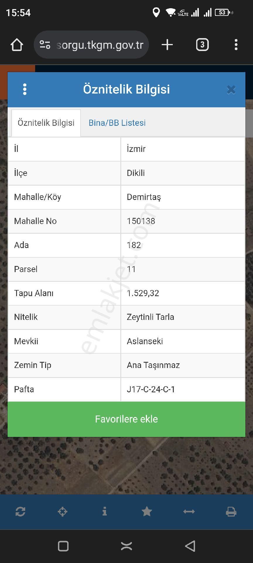 Dikili Demirtaş Satılık Zeytinlik Demirtaş'ta Çandarlı anayoluna 300 metre mesafede zeytinli tarla