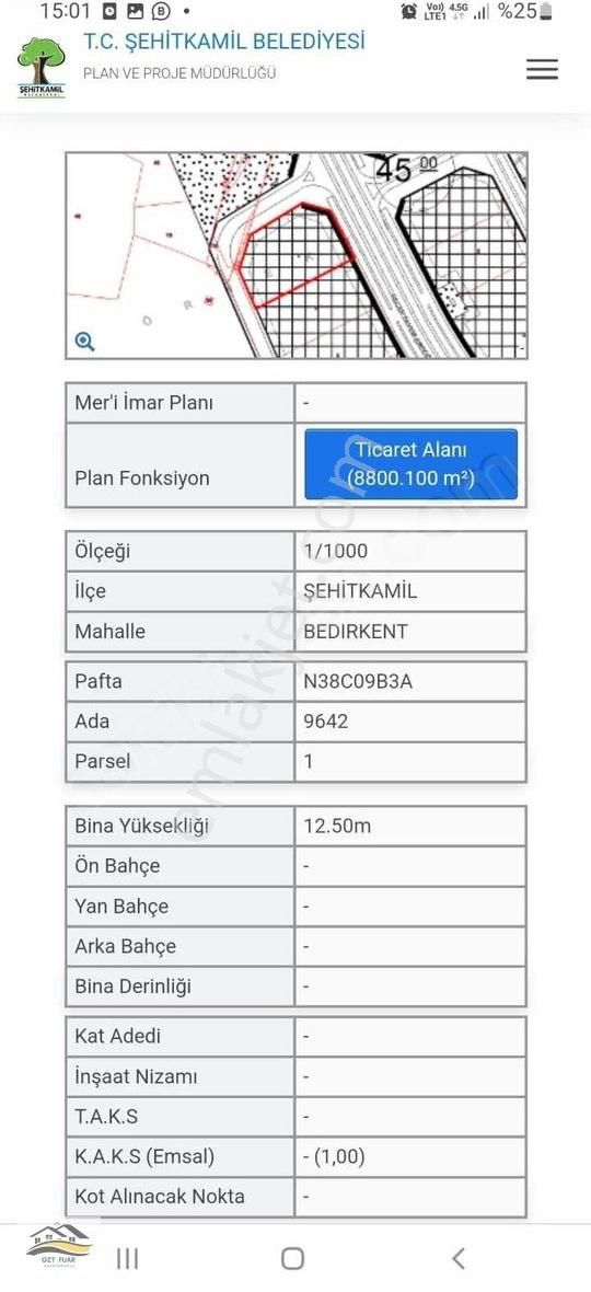 Şehitkamil Bedirköy Satılık Ticari İmarlı FUAR GAYRİMENKUL'DEN BEDİRKENTTE ASFALTA SIFIR TİCARİ ARSA