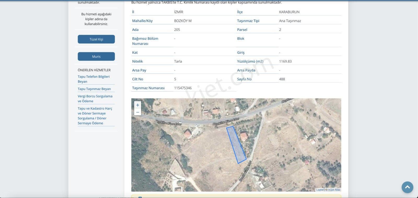 Karaburun Bozköy Satılık Tarla Karaburun Bozköy Akçekilise'de Deniz Manzaralı 1170 m2 Arazi