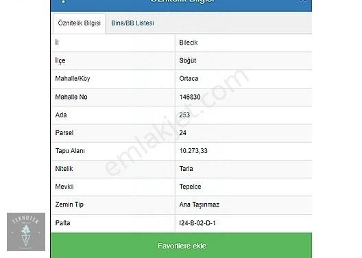 Söğüt Ortaca Köyü Satılık Tarla Bilecik Söğüt Ortaca Köyünde 10.273 M2 Tarla