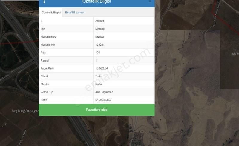 Mamak Kızılca Satılık Tarla OTOBAN KENARINDA YATIRIMLIK TARLA
