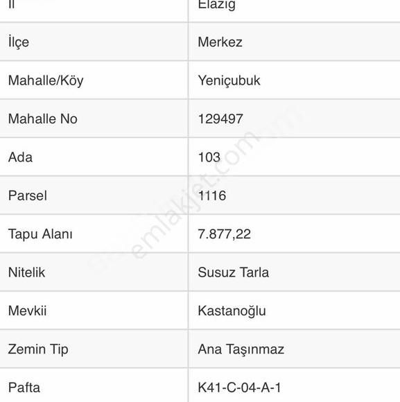 Elazığ Merkez Hal Köyü Satılık Tarla YENİÇUBUK(HAL) KÖYÜNDE İKİ TARAFI MERA