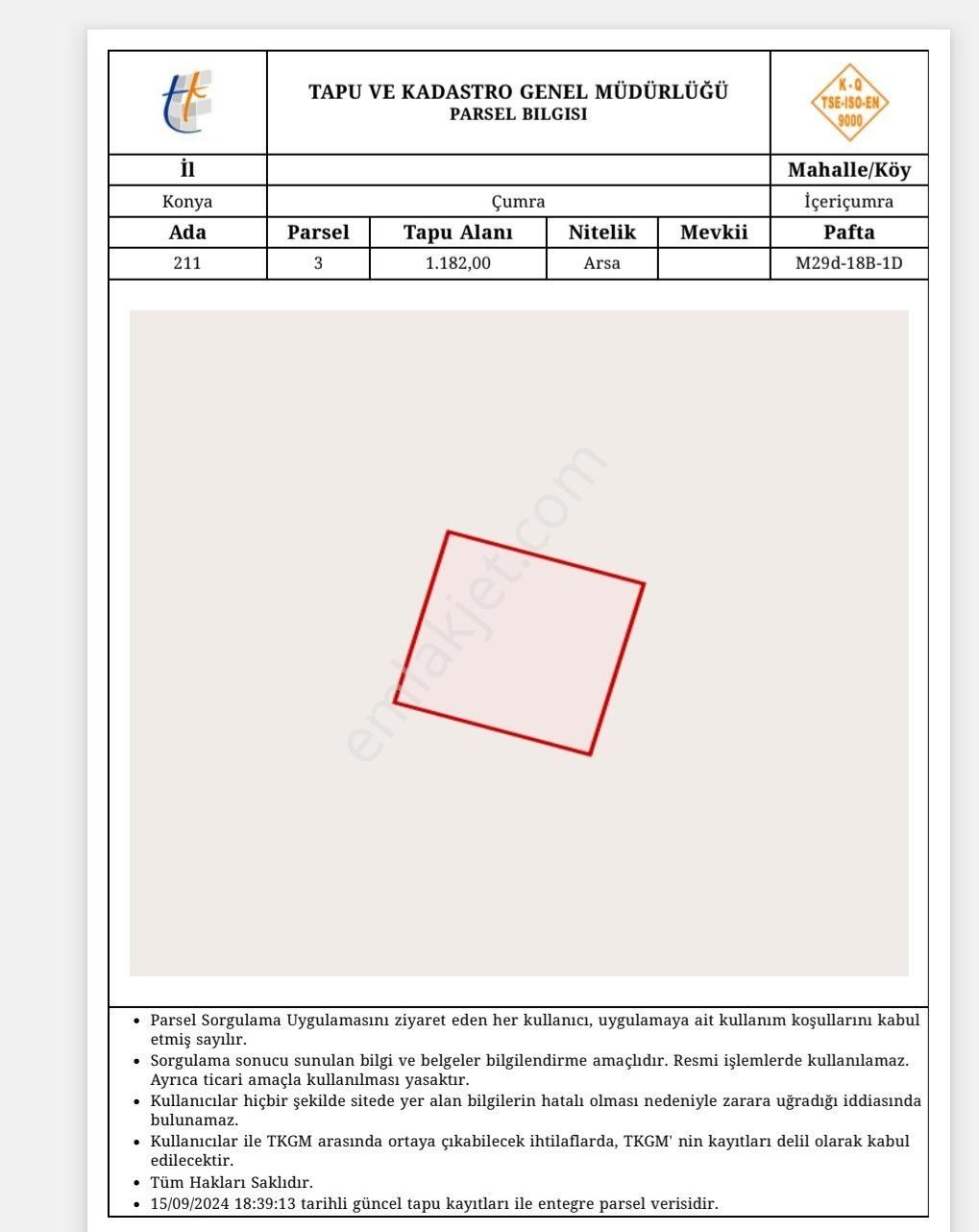 Çumra İçeriçumra Satılık Tarla Şirin Gayrimenkülden İceri Çumrada Satılık Tarla