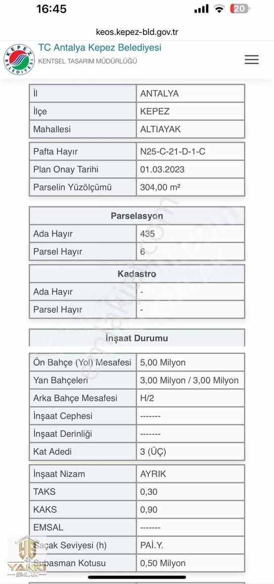 Kepez Altıayak Satılık Konut İmarlı Altıayak'ta_304m2_3kat İmarlı İnşaat İzni Açık Arsa