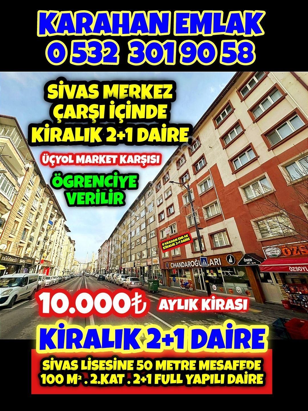 Sivas Merkez Örtülüpınar Kiralık Daire KARAHAN EMLAK'TAN KİRALIK DAİRE*ÖRTÜLÜPINAR MAHALLESİNDE-2.KAT*100 M² *2+1 FULL YAPILI 