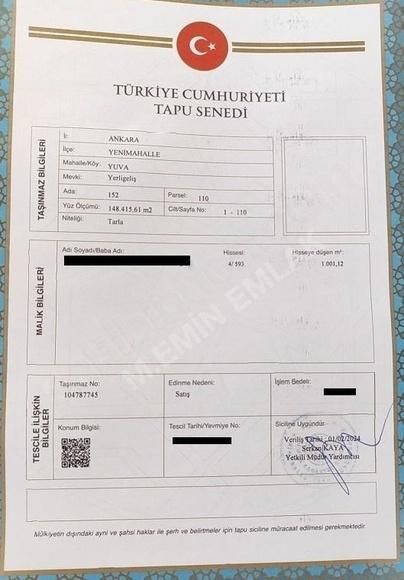 Yenimahalle Yuvaköy Satılık Tarla **HAFTANIN FIRSATI** YUVAKÖYDE SATILIK 1001 m²