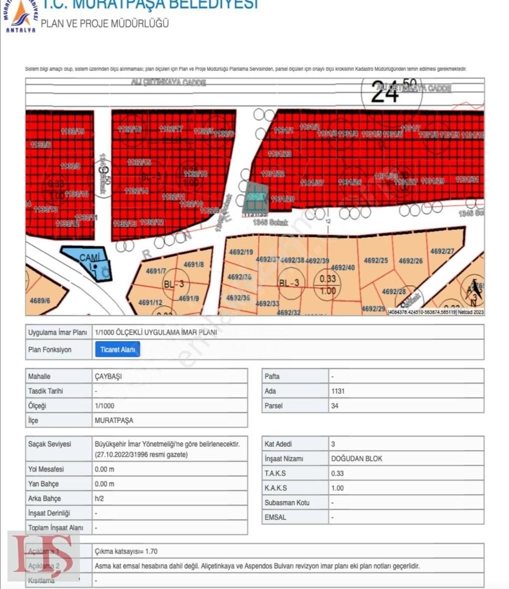 Muratpaşa Çaybaşı Satılık Ticari İmarlı MURATPAŞA ÇAYBAŞI MAHALLESİNDE SATILIK TİCARİ ARSA