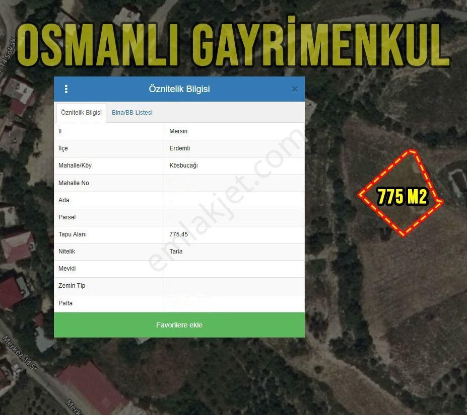 Erdemli Kösbucağı Satılık Tarla  ERDEMLİ KÖSBUCAĞINDA 775 M2 SATILIK TARLA