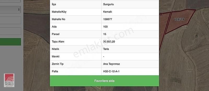 Sungurlu Kemalli Köyü Satılık Tarla RW DETAY'DAN SUNGURLU'DA 30.950 mt TARLA FIRSATI