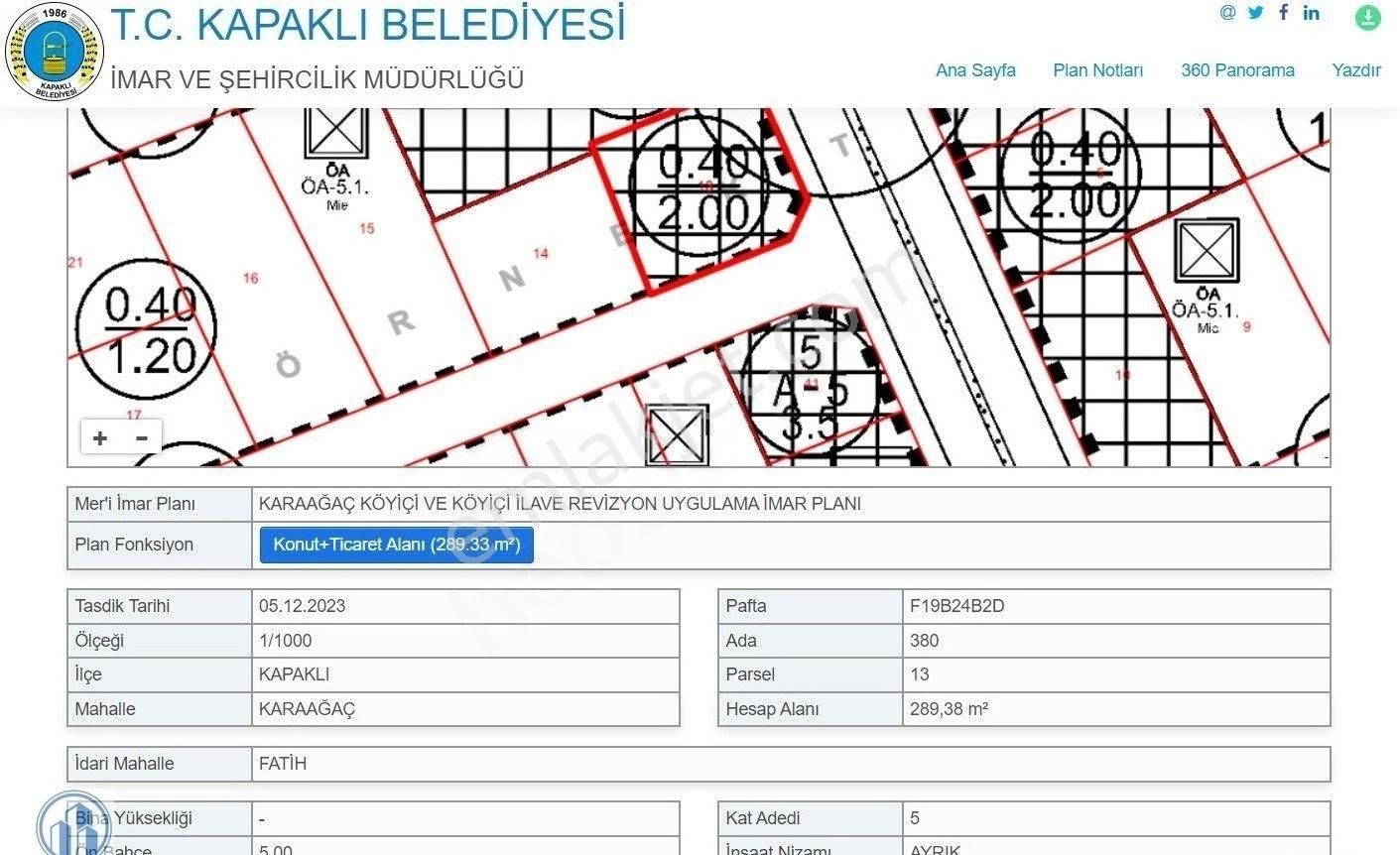 Kapaklı Karaağaç Satılık Ticari İmarlı Tekirdağ Kapaklı Karaağaç'da Köşe Parsel 5 Kat %40 İmarlı Arsa