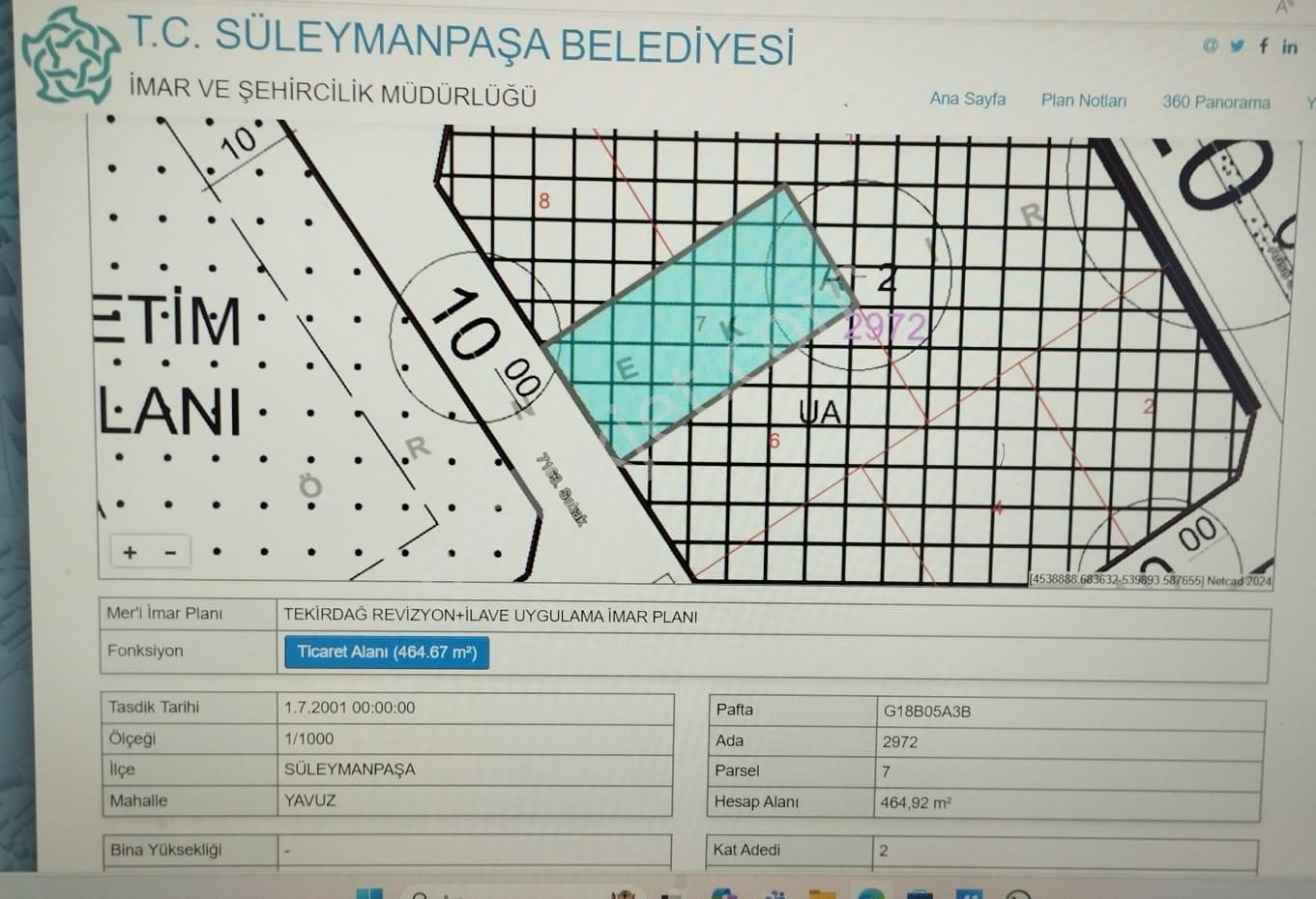 Süleymanpaşa Yavuz Satılık Ticari İmarlı  YAVUZ  MAHALLESİ (KARADENİZ) TİCARİ İMARLI SATILIK ARSA 464M2