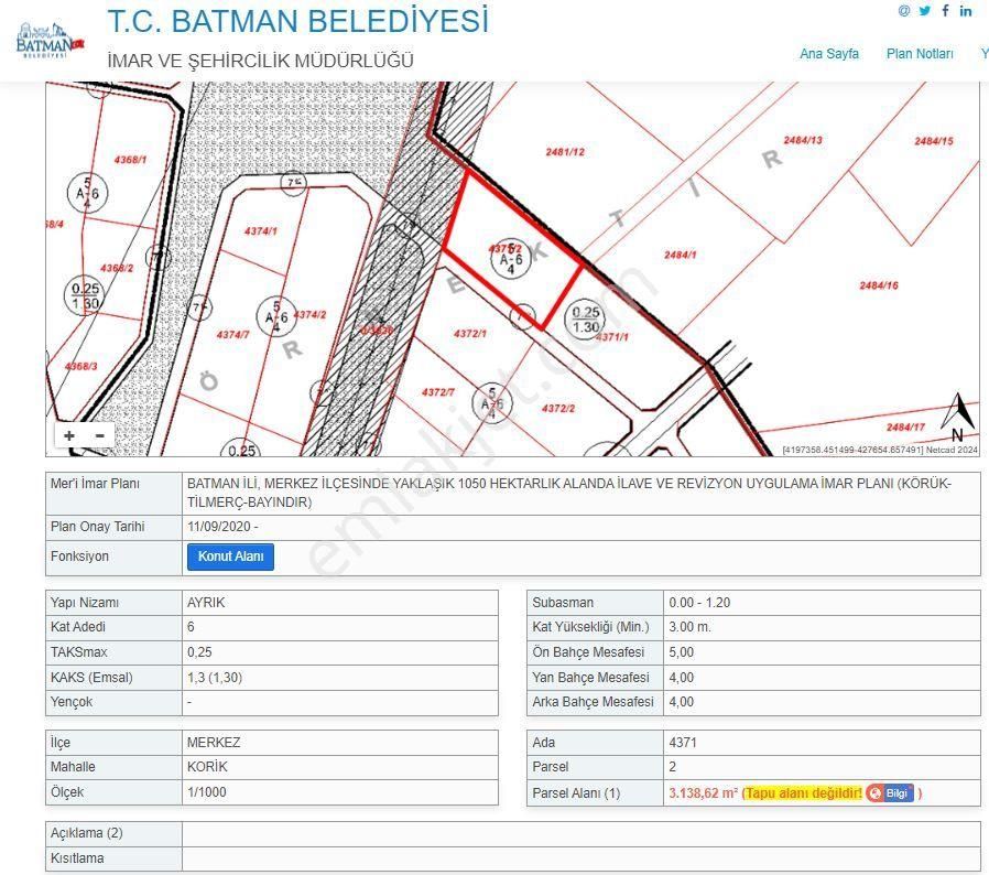 Batman Merkez Korik Satılık Konut İmarlı Korik Mah. 1500 M2 Arsa