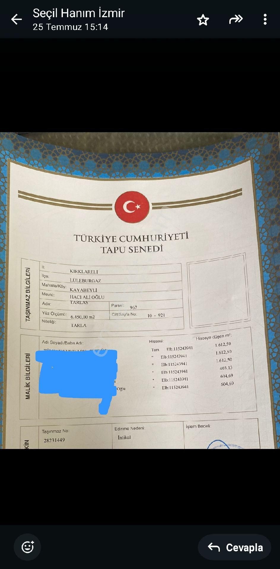 Lüleburgaz Kayabeyli Köyü Satılık Tarla Satılık 116 Dönüm Hisseli Yer