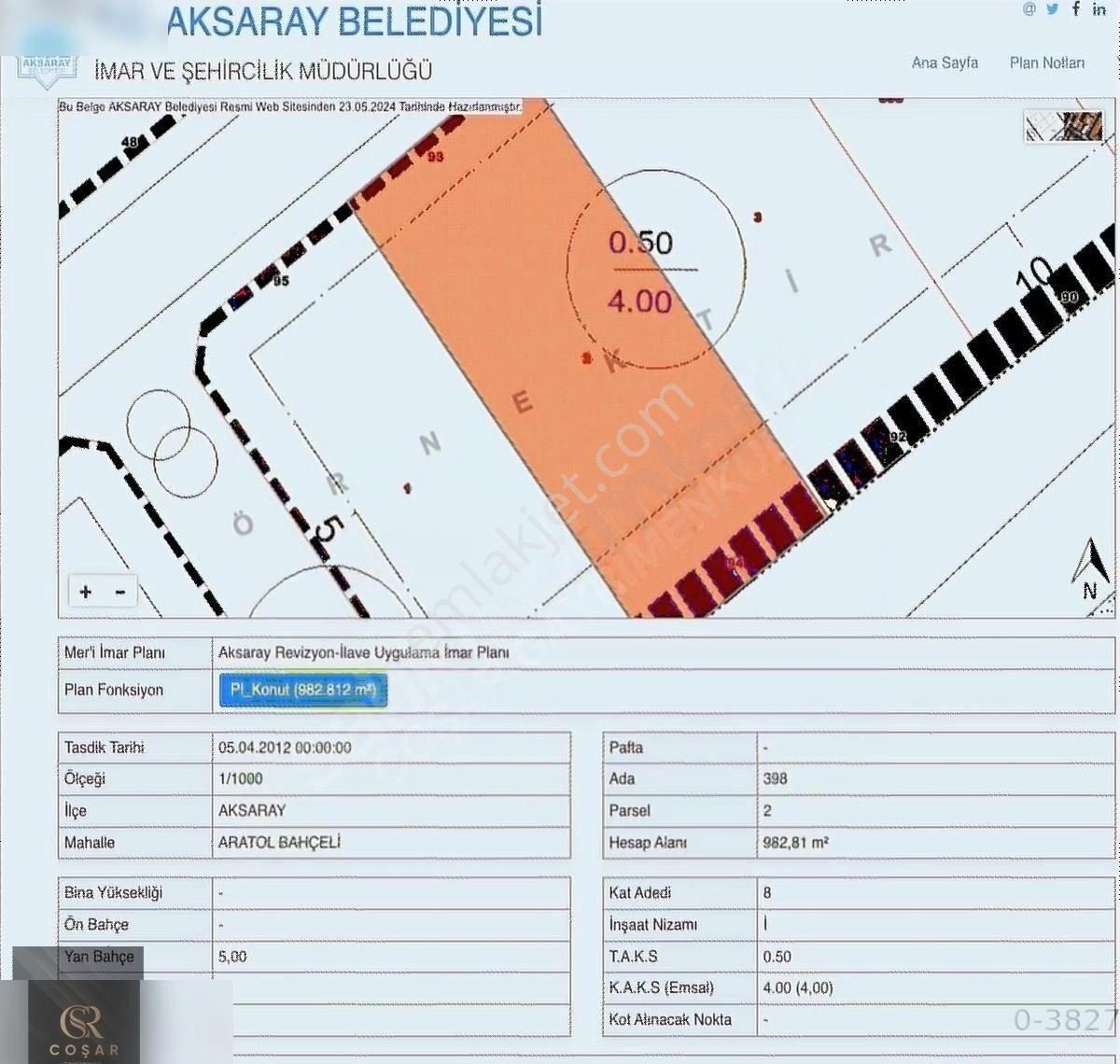 Aksaray Merkez Aratol Bahçeli Satılık Ticari İmarlı KAT8 Emsal4 Fırsat 983m2 ANA YOLA SIFIR ARSA -COŞAR GAYRİMENKUL-